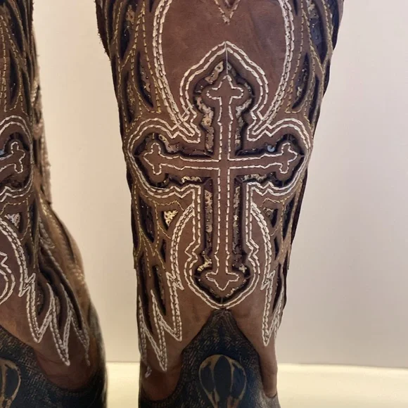Women's Ferrini Western Hand Tooled Brown Leather Cross Wing Cowboy Boots Sz 7.5 - Picture 15 of 15